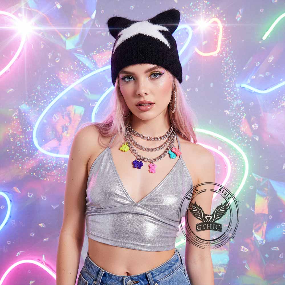 Y2k Cat Ear Star Print Knitted Beanie Hat