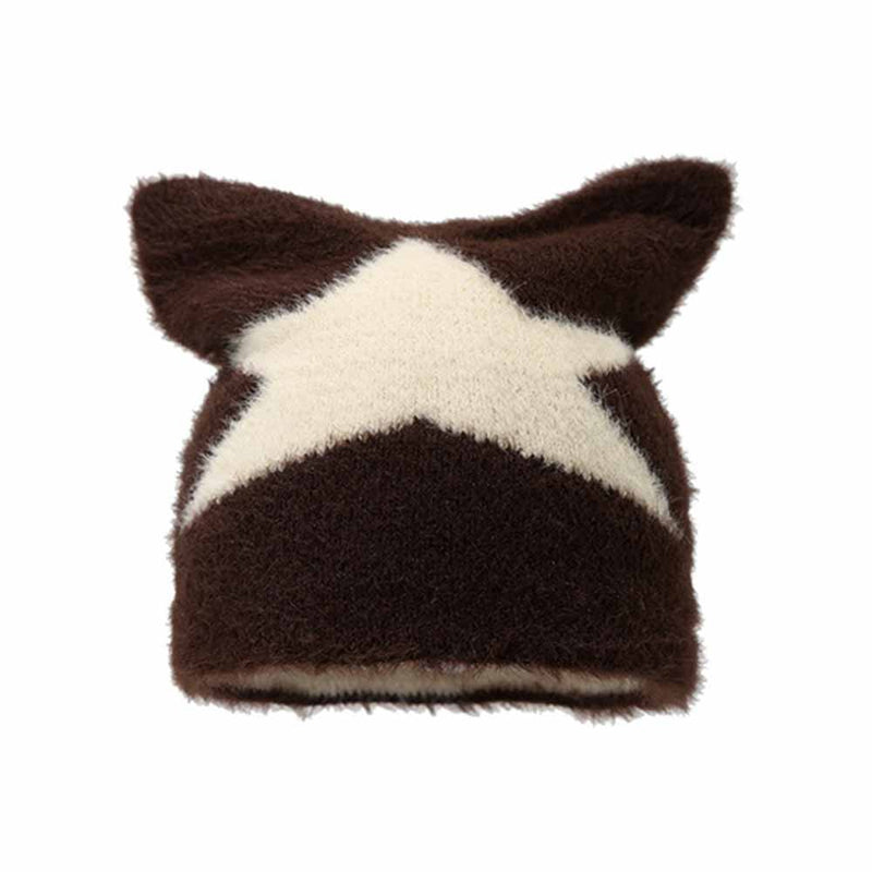 Y2k Cat Ear Star Print Knitted Beanie Hat