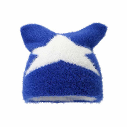 Y2k Cat Ear Star Print Knitted Beanie Hat