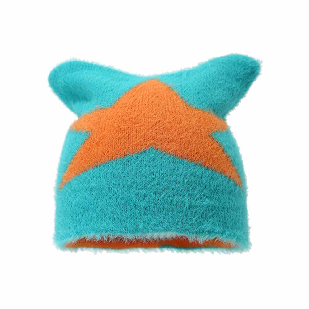 Y2k Cat Ear Star Print Knitted Beanie Hat
