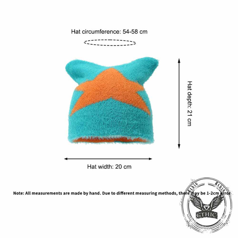 Y2k Cat Ear Star Print Knitted Beanie Hat