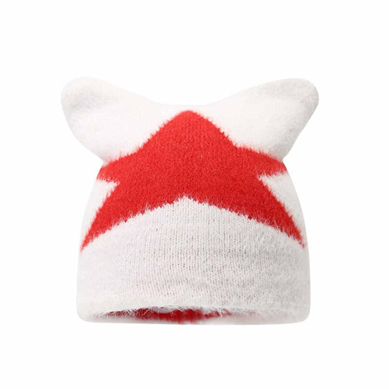 Y2k Cat Ear Star Print Knitted Beanie Hat