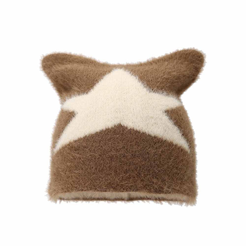 Y2k Cat Ear Star Print Knitted Beanie Hat