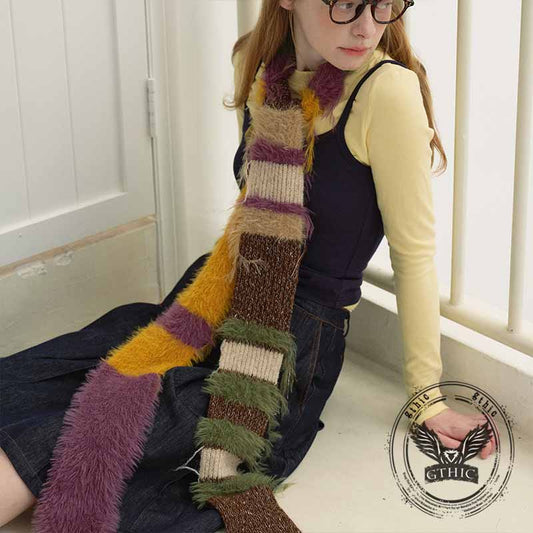 Y2k Colorblock Striped Knitted Tassel Scarf