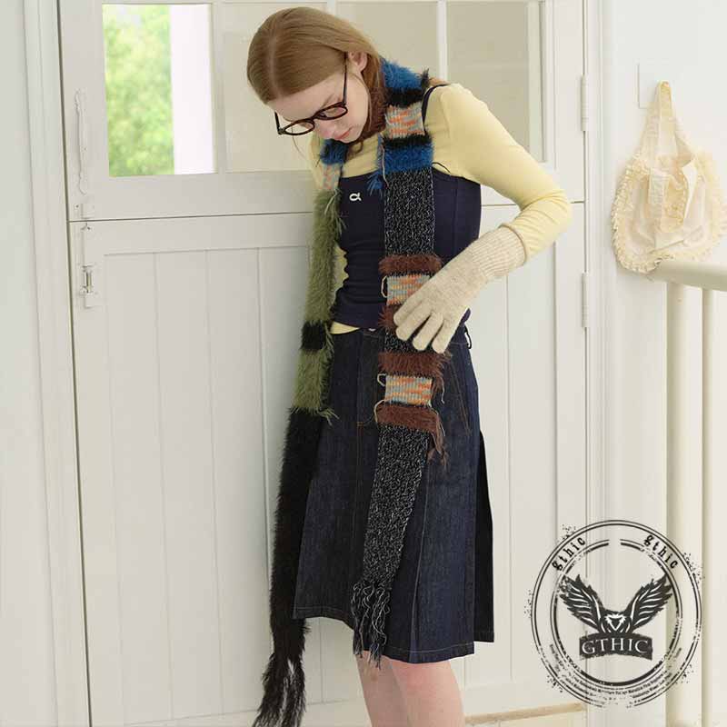 Y2k Colorblock Striped Knitted Tassel Scarf