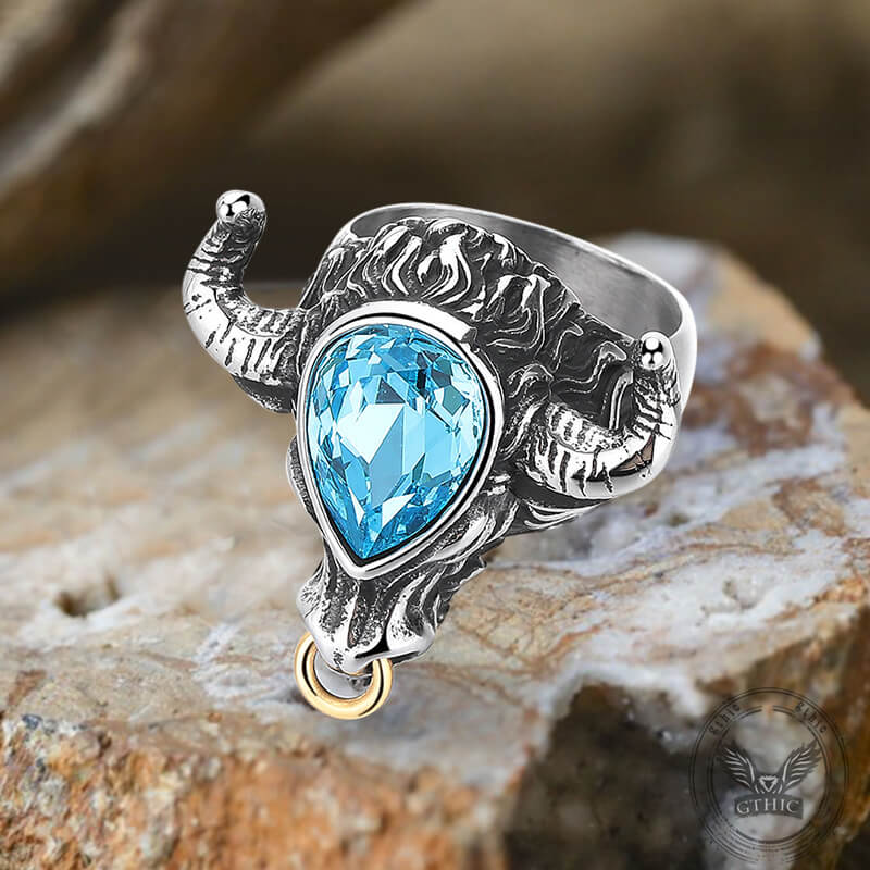 Fashionable Multicolor Gem Bull Head Stainless Steel Ring