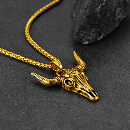 Flash Satanic Bull Cow Skull Necklace With Invert Pentagram for