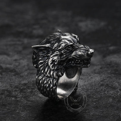 Fenrir Wolf Head Sterling Silver Ring