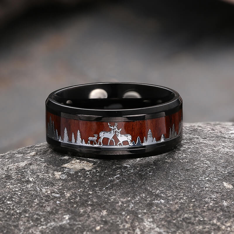 Forest Elk Wood Texture Stainless Steel Band Ring
