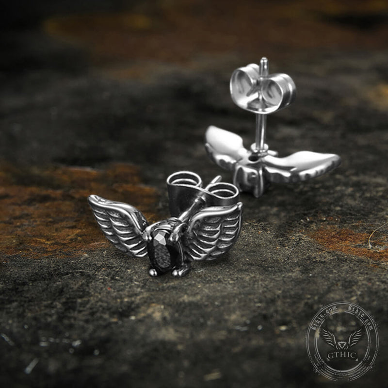 Freedom Wings Black Stone Stainless Steel Stud Earrings