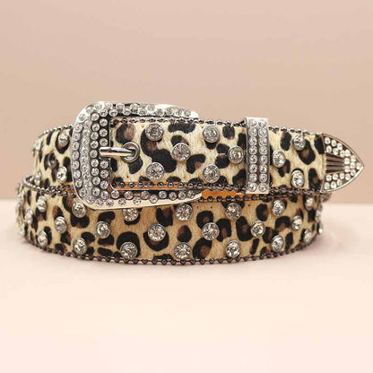Full Rhinestone Y2k Leopard Print Pu Leather Belt