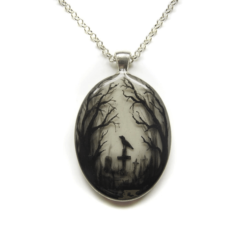 Gloomy Wood Graveyard Hand Painted Oval Pendant / Gothic Style Chain With Mystic Pendant
