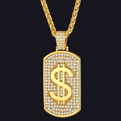 Dollar Cubic Zirconia Bling Dog Tag Necklace for