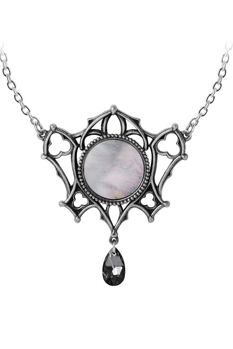 Goth Mother of Pearl Necklace With Dark Crystal Pendant