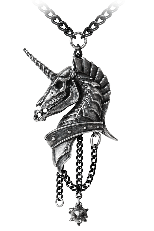 Gothic Antiqued Pewter Skeletal Unicorn Head Pendant