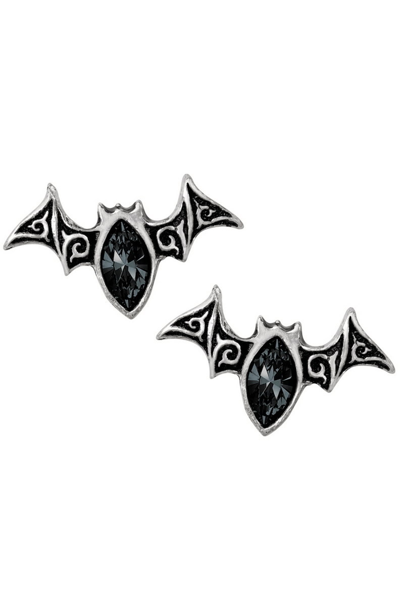 Gothic Bat Stud Earrings With Black Diamond Crystal