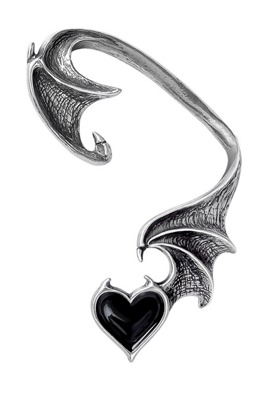 Gothic Bat Wing Earwrap With Black Heart Jewel Accent