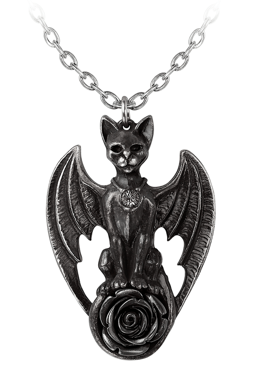Gothic Cat With Wings and Rose Pendant Necklace
