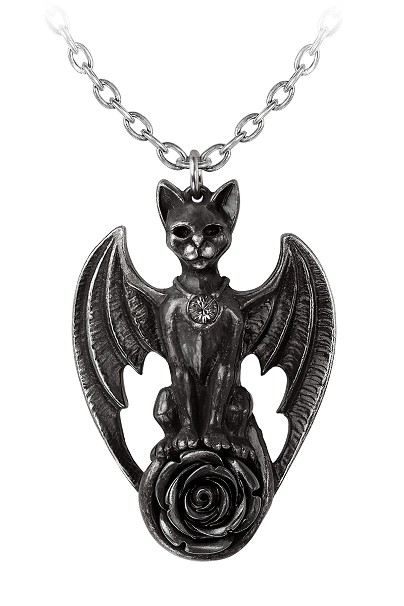 Gothic Cat With Wings and Rose Pendant Necklace