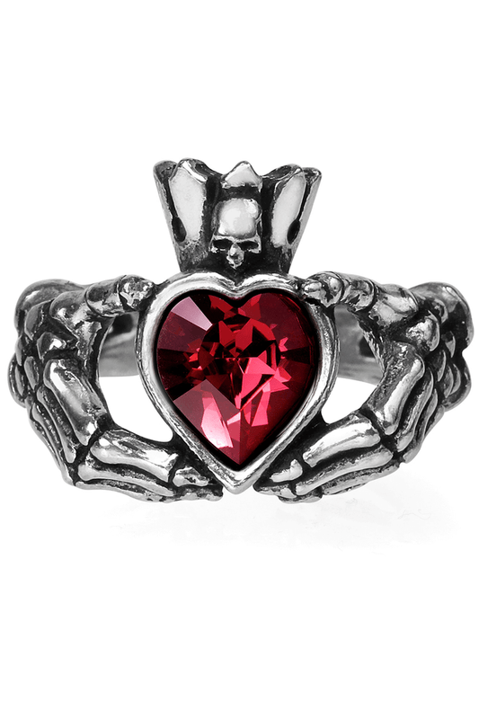 Gothic Claddagh by Night Ring With Red Heart Crystal