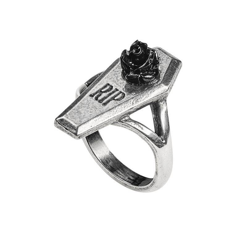 Gothic Coffin and Rose Pewter Ring With 'rip' Engraving