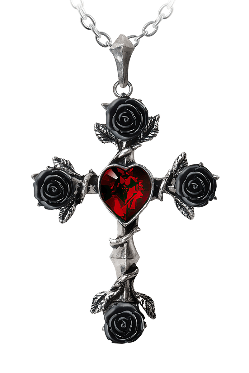 Gothic Cross Pendant With Black Roses and Red Crystal