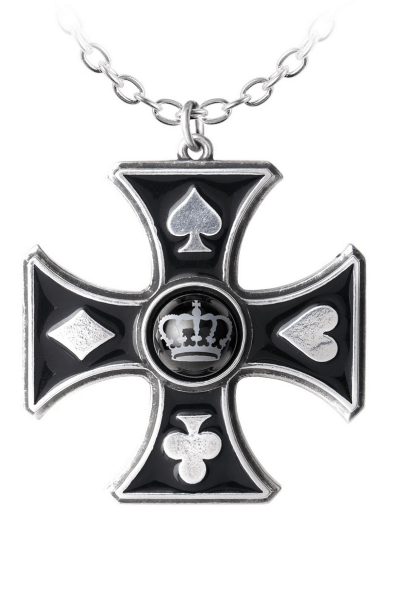Gothic Cross Pendant With Crown and Card Suit Motifs