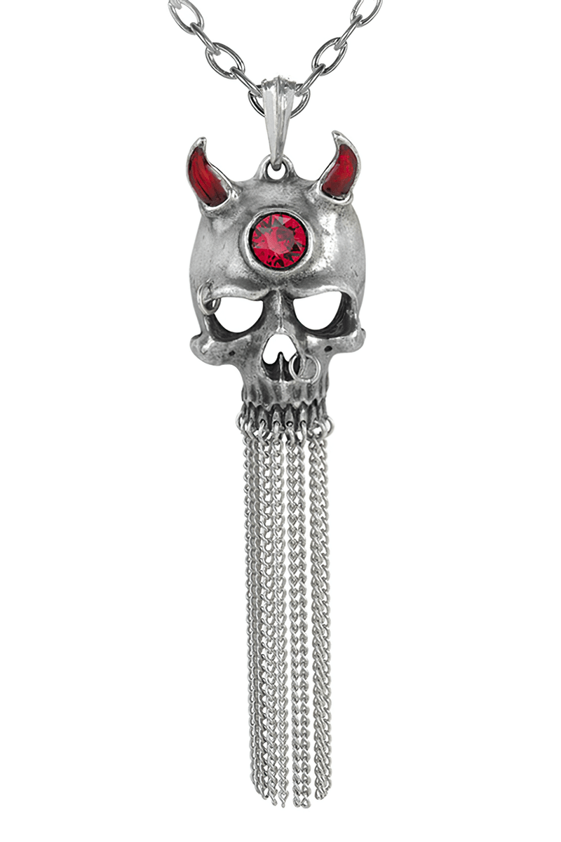 Gothic Devil Skull Pendant With Chains and Red Crystal
