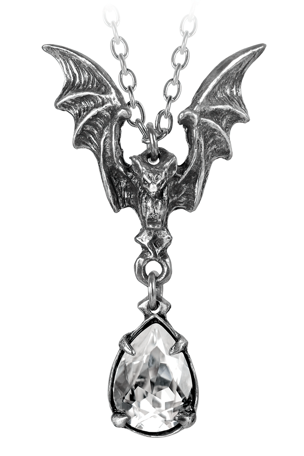 Gothic Flying Bat Pendant With Clear Crystal Drop