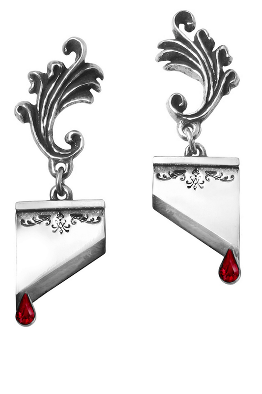 Gothic Guillotine Blade Earrings With Crystal Blood Drops