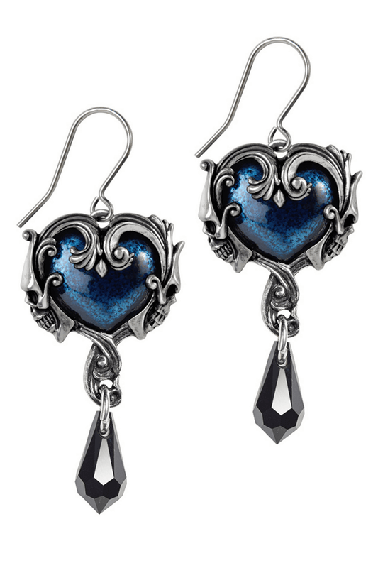 Gothic Heart and Skull Drop Earrings With Black Crystal