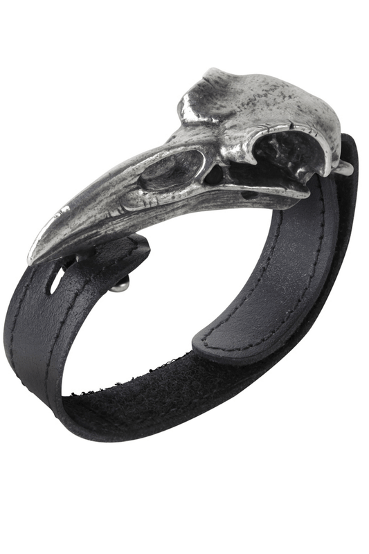 Gothic Leather Bracelet With Pewter Raven Skull