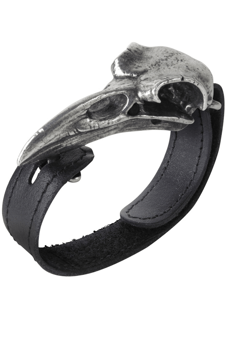 Gothic Leather Bracelet With Pewter Raven Skull