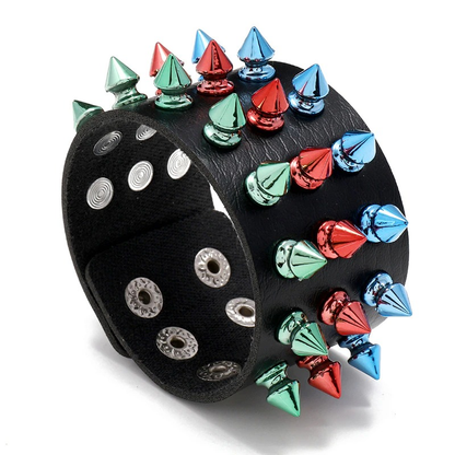 Gothic Multicolor Three Row Spikes Rivet Bracelet / Wide Cuff Pu Leather Bracelet in Punk Style