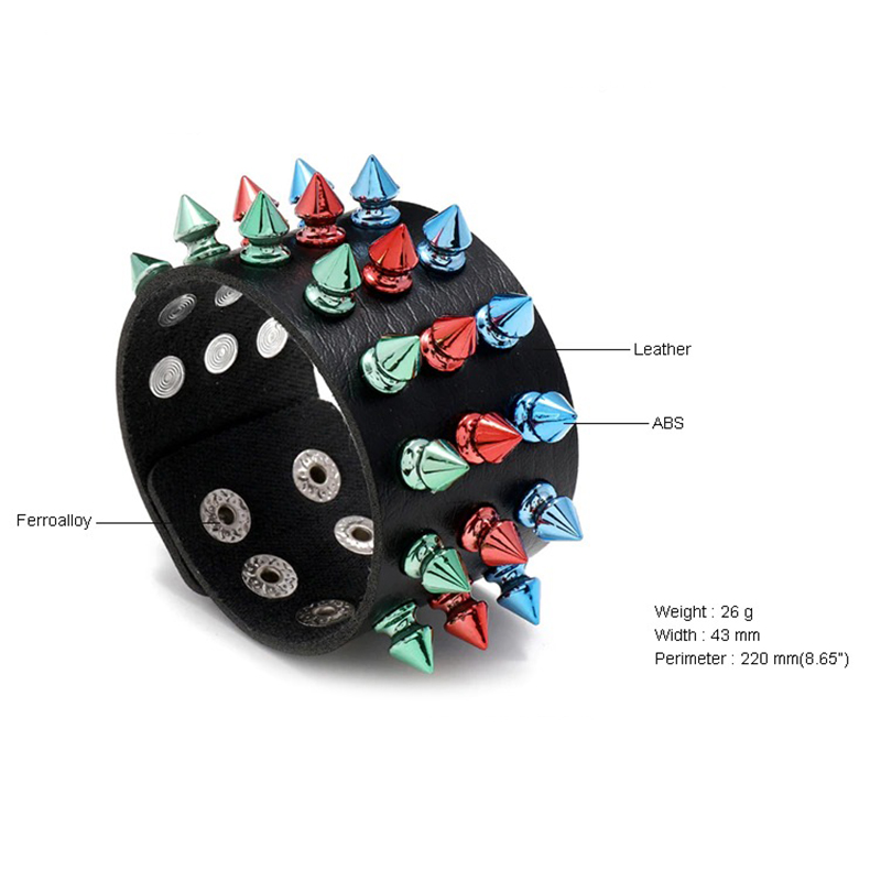 Gothic Multicolor Three Row Spikes Rivet Bracelet / Wide Cuff Pu Leather Bracelet in Punk Style