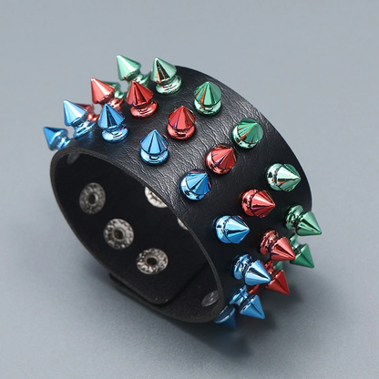 Gothic Multicolor Three Row Spikes Rivet Bracelet / Wide Cuff Pu Leather Bracelet in Punk Style