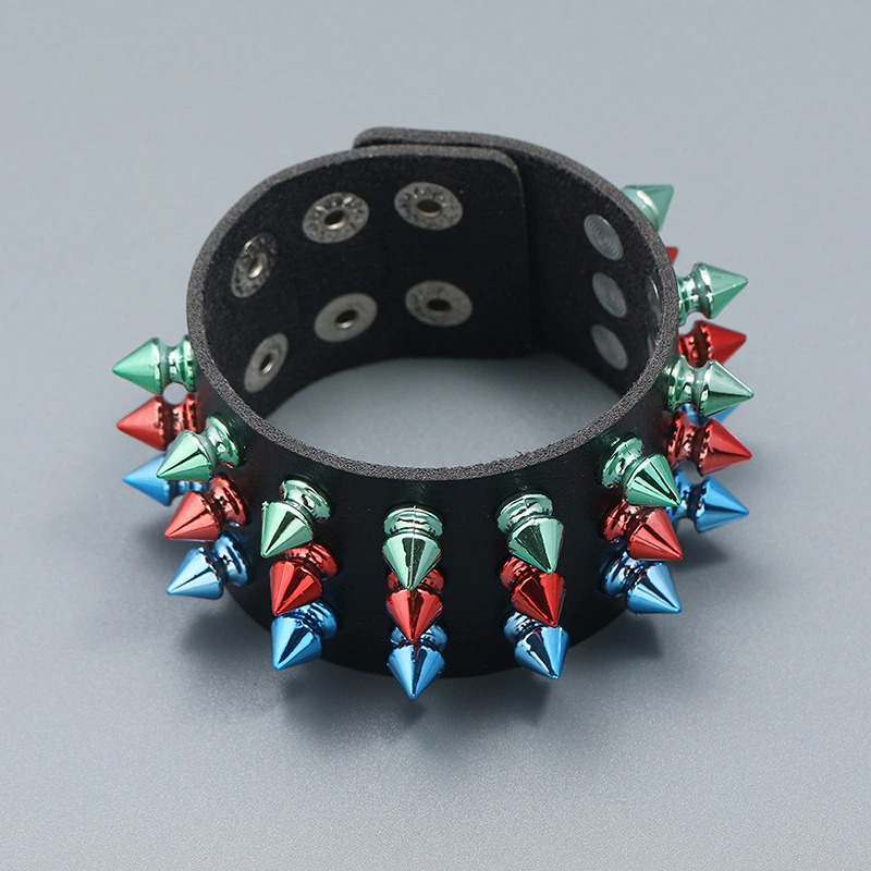 Gothic Multicolor Three Row Spikes Rivet Bracelet / Wide Cuff Pu Leather Bracelet in Punk Style