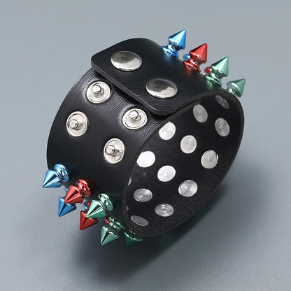 Gothic Multicolor Three Row Spikes Rivet Bracelet / Wide Cuff Pu Leather Bracelet in Punk Style