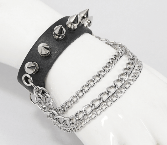 Gothic Punk Faux Leather Bracelet With Chain / Black Adjustable Wristbands With Studs