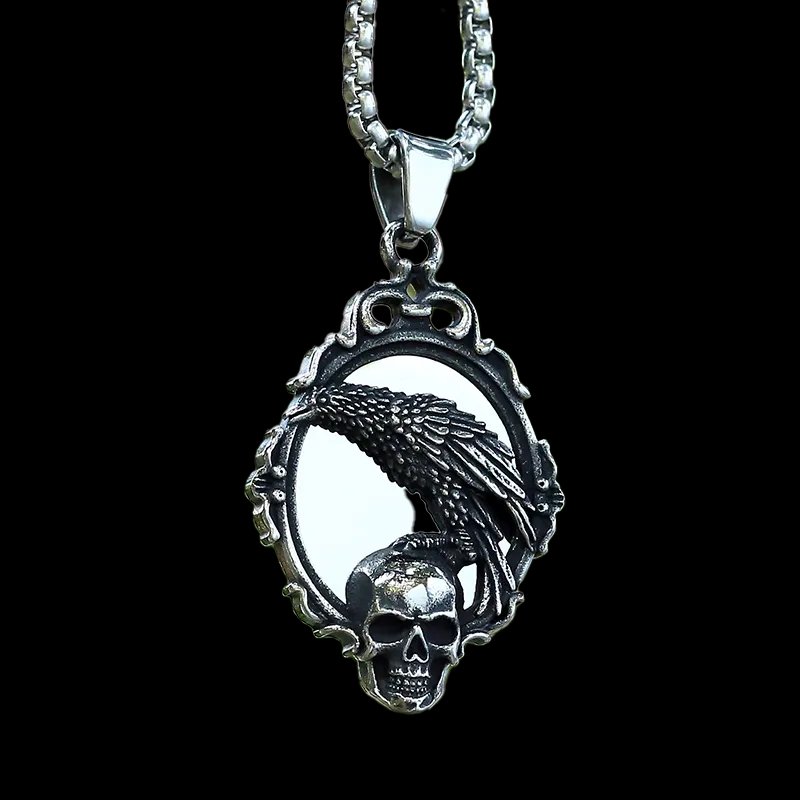 Gothic Raven Skull Mirror Pendant