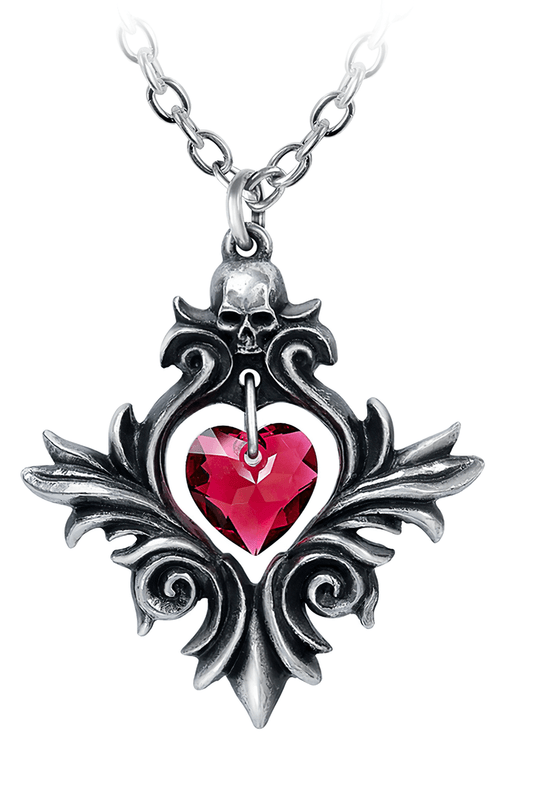Gothic Skull Pendant With Red Crystal Heart Charm