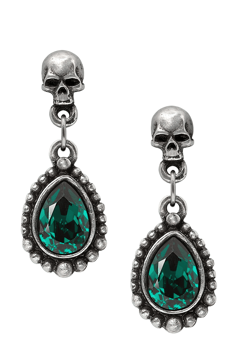 Gothic Skull Teardrop Green Crystal Dangle Earrings