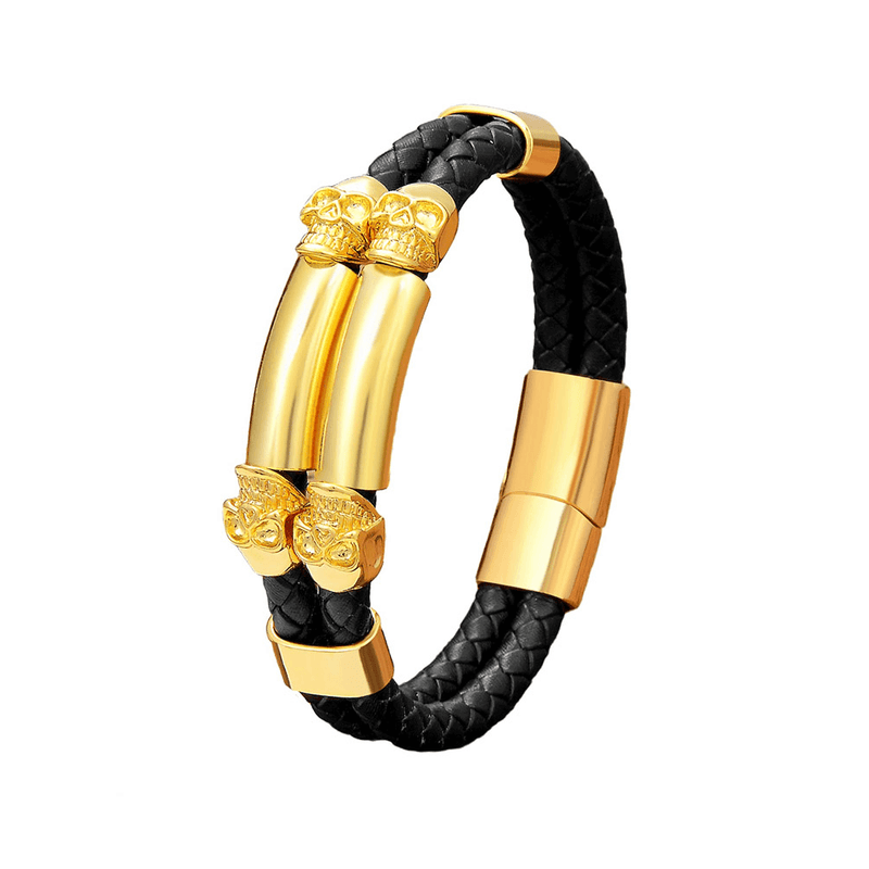 Gothic Stainless Steel Bracelet With Skull / Stylish Pu Leather Bangles / Heavy Metal Accessories