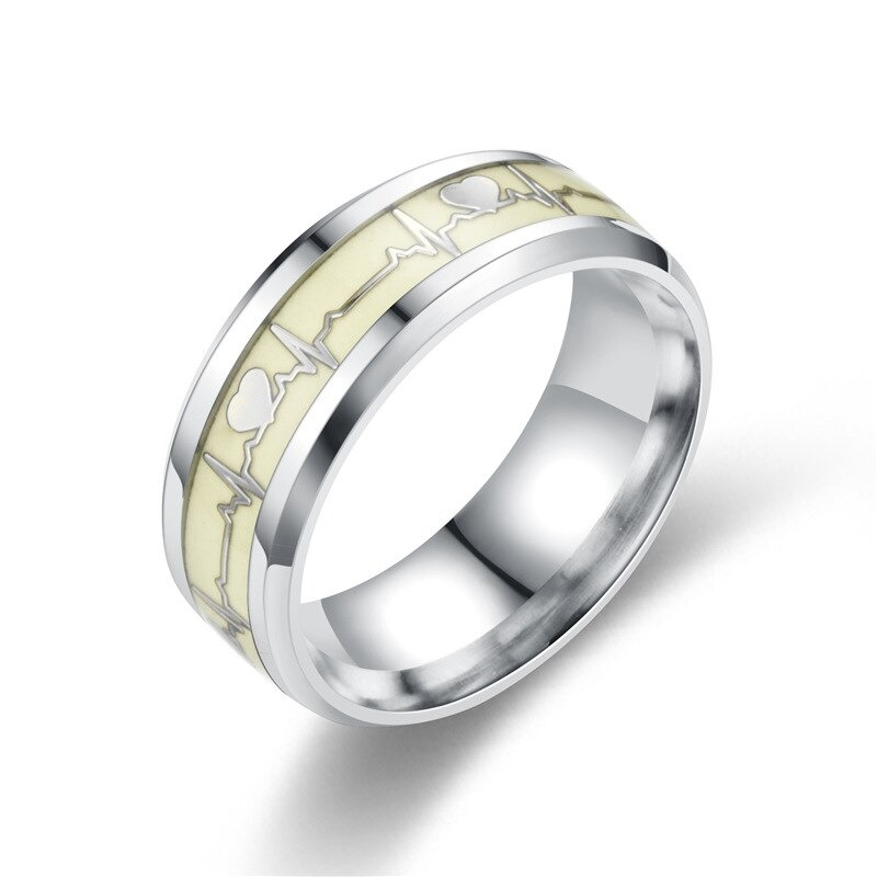 Gothic Stainless Steel Heart Cardio Line Luminous Ring / Green Glow Jewellery
