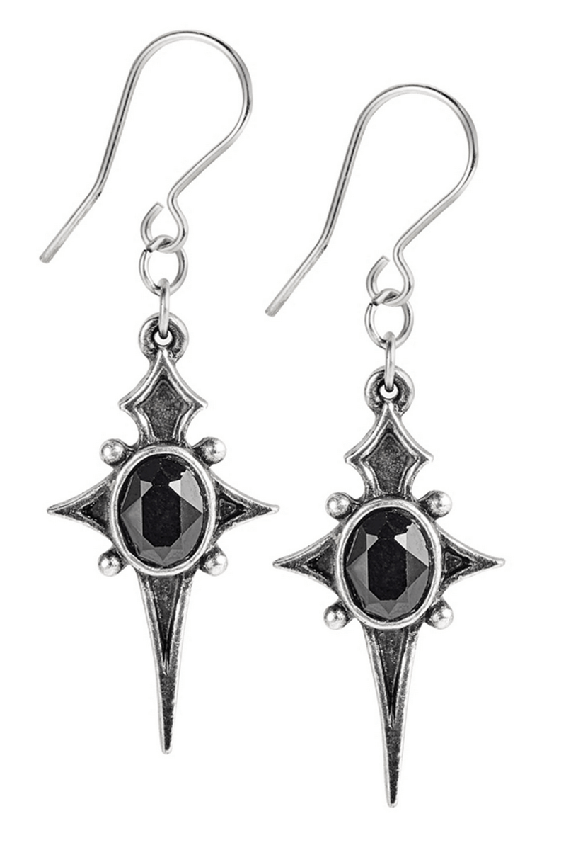Gothic Star Cross Dropper Earrings With Black Crystal