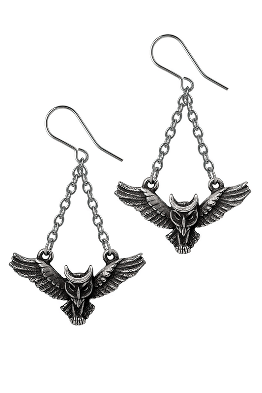 Gothic Winged Owl Earrings With Crescent Moon Charm