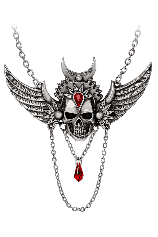 Gothic Winged Skull Necklace With Red Crystal Drop
