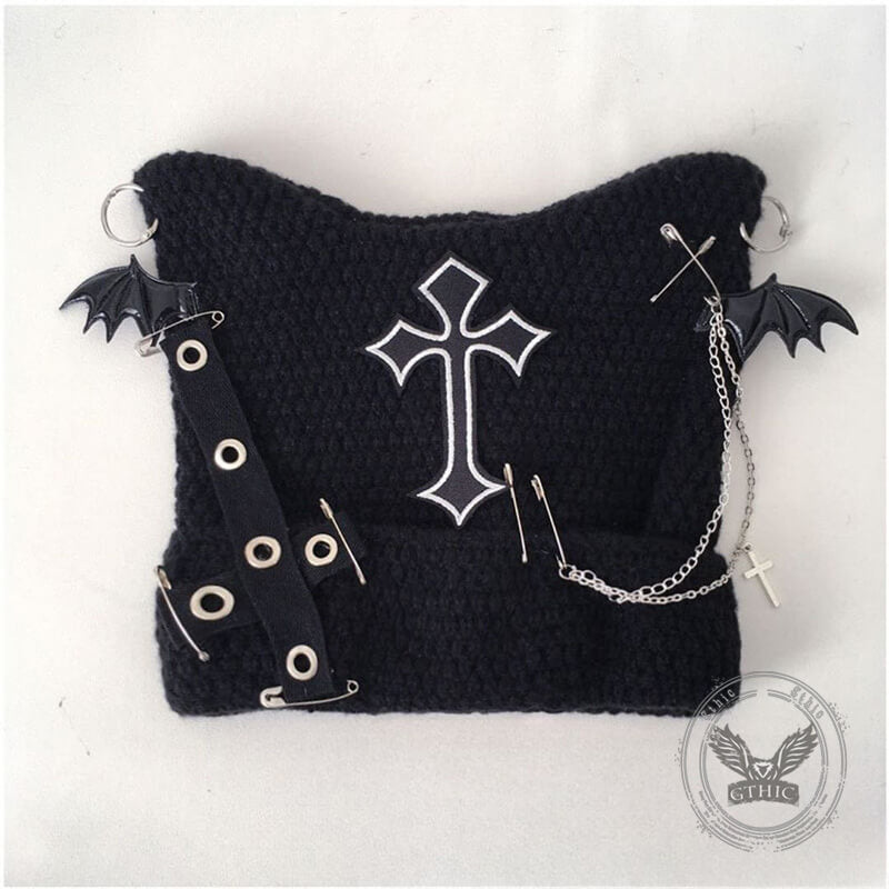 Gothic Bat Wings Cross Chain Cat Ear Knitted Beanies Hat