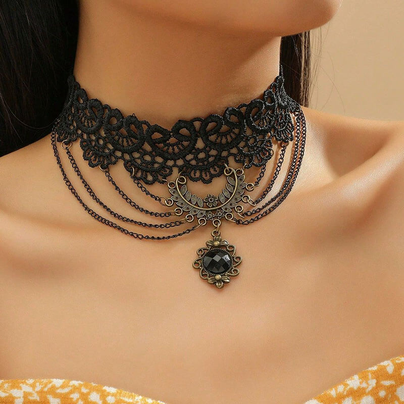 Gothic Black Hollow Lace Tassel Alloy Choker Necklace