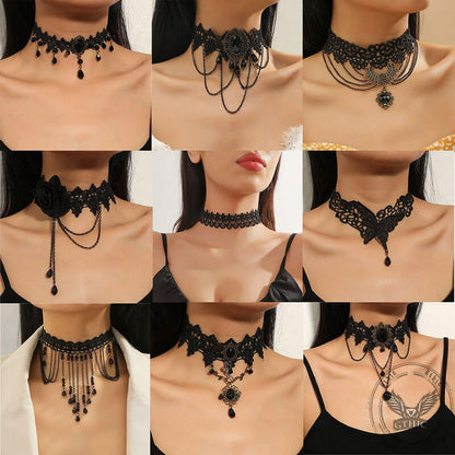 Gothic Black Hollow Lace Tassel Alloy Choker Necklace